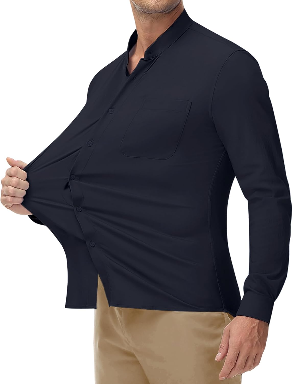 Band Collar Dress Shirts for Men Stretch Dress Shirts Collarless Button Down Long Sleeve Shirts Muscle Fit