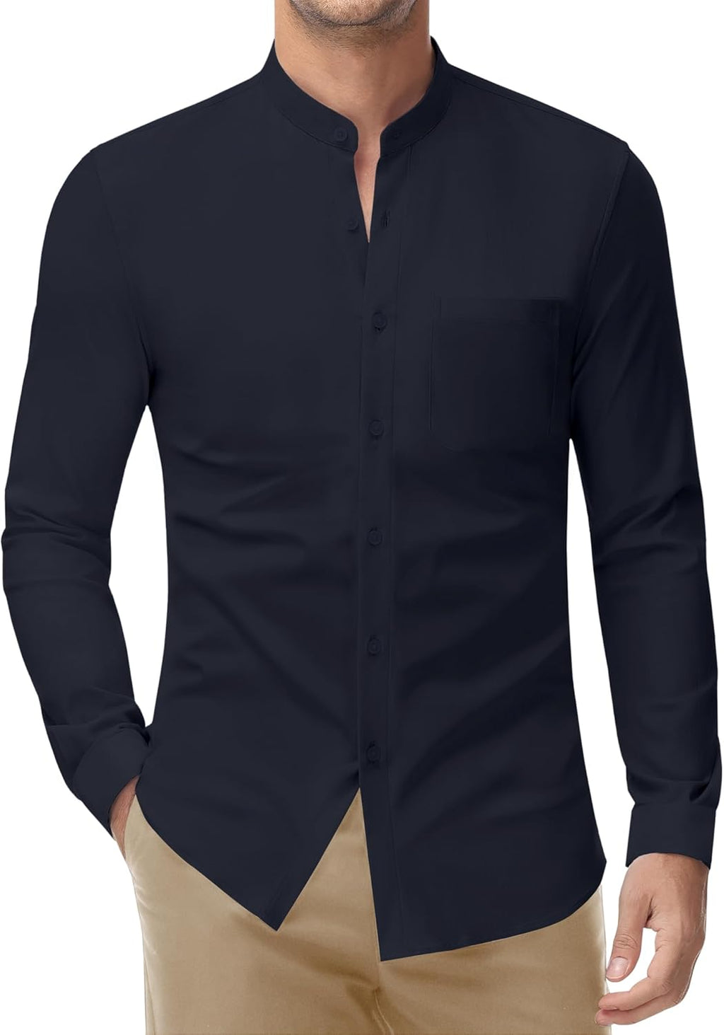 Band Collar Dress Shirts for Men Stretch Dress Shirts Collarless Button Down Long Sleeve Shirts Muscle Fit