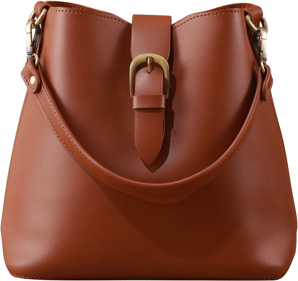 Bucket Vegan Leather Bag For Women  Retro Faux Casual Purse Classic Vintage Simple Shoulder Handbag