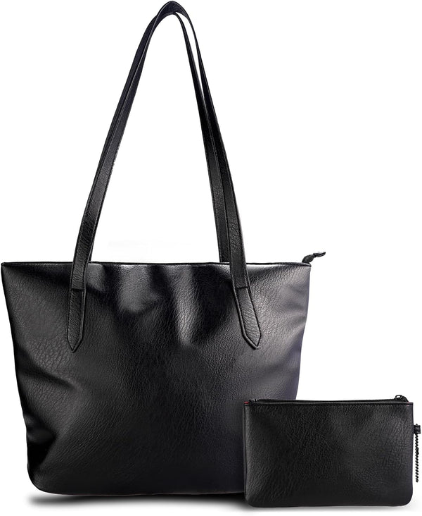 Black Tote Bag for Women Work, Tote Bag with Zipper Shoulder Bag Soft Faux Leather Tote Bag Large Purses for women Handbags