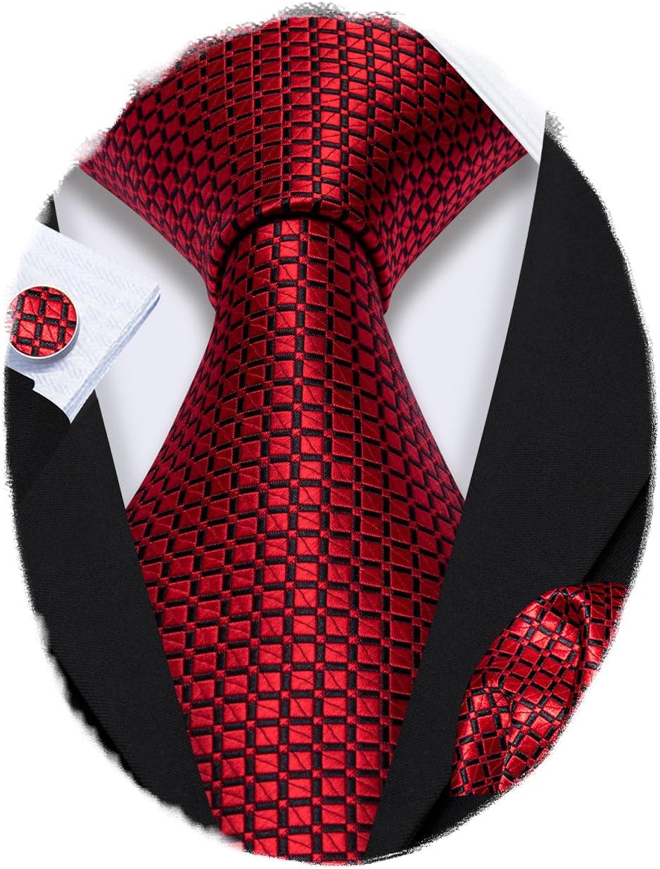 Designer Classic Ties for Men Set Formal Pocket Square Cufflink Check Plaid