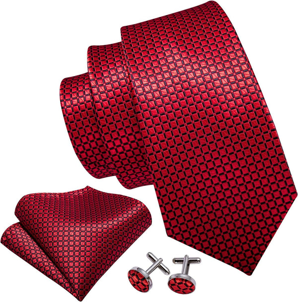 Designer Classic Ties for Men Set Formal Pocket Square Cufflink Check Plaid