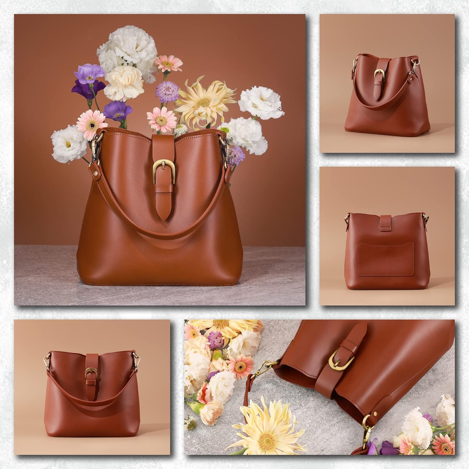 Bucket Vegan Leather Bag For Women  Retro Faux Casual Purse Classic Vintage Simple Shoulder Handbag